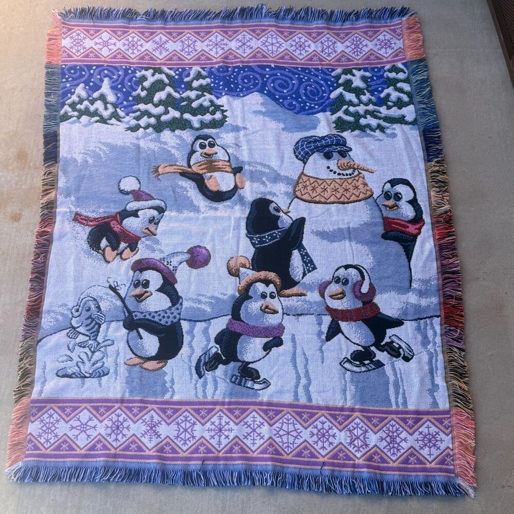 Penguins Ice Skating Woven Throw Blanket 60x47" Crown Crafts Christmas Winter